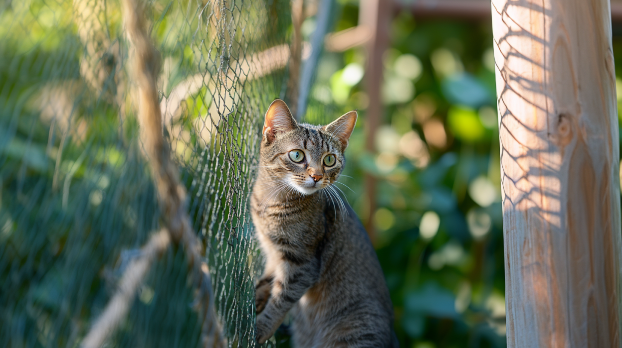 Chat agripé à un filet de protection