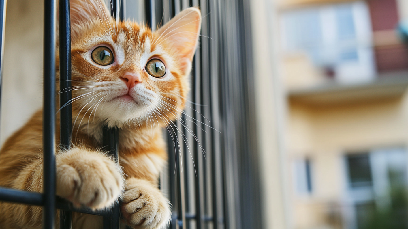 chaton passant la tête par des barreaux de palissade 